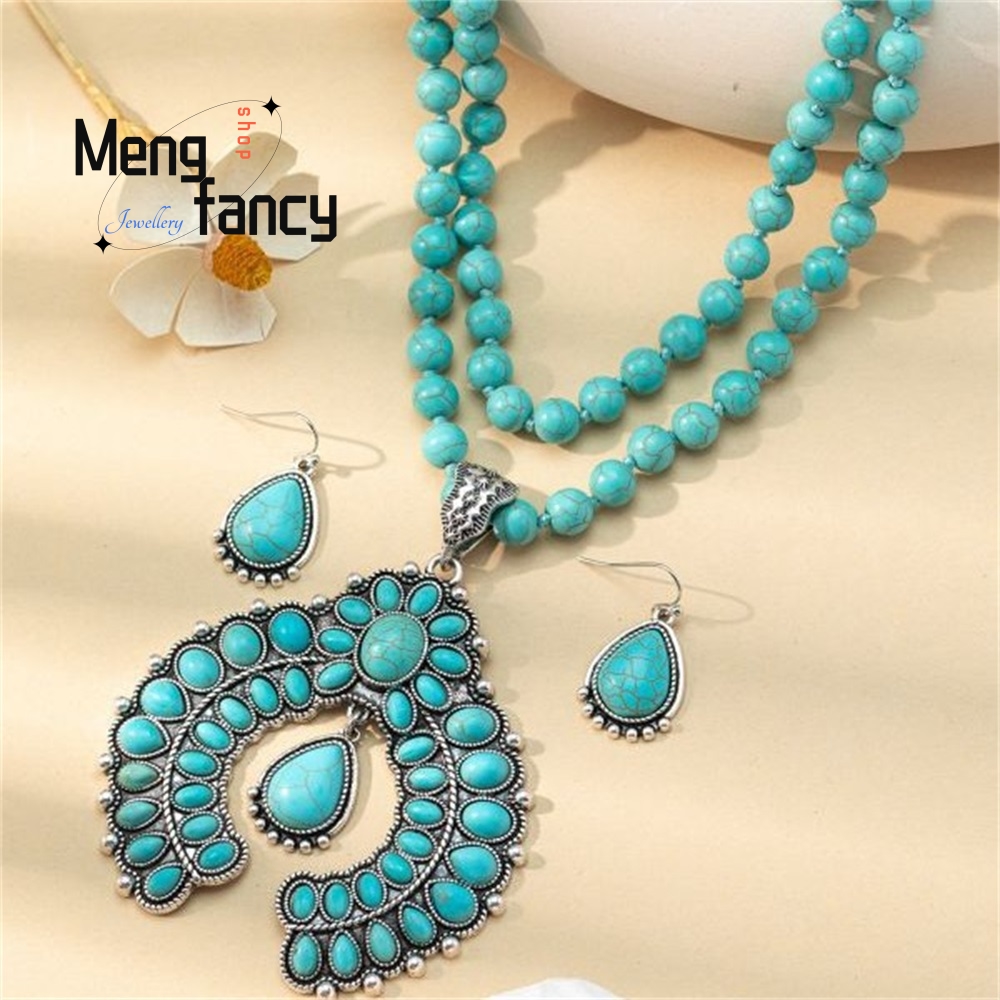 Layered Necklace Set - Трехслойные серьги в стиле ретро, бирюзовые